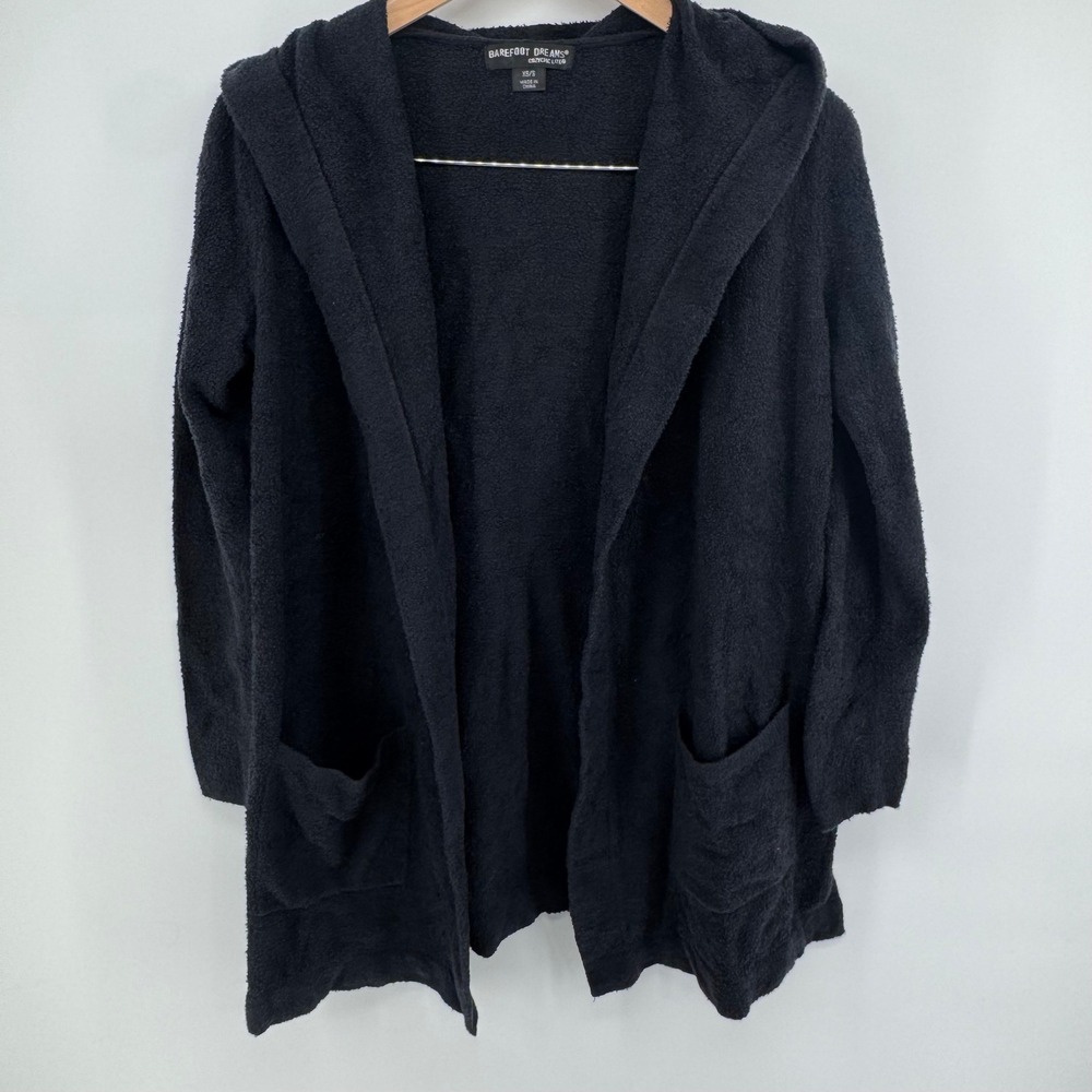 Barefoot Dreams Cardigan Womens XS/S CozyChic Hooded Open Front Black Lounge